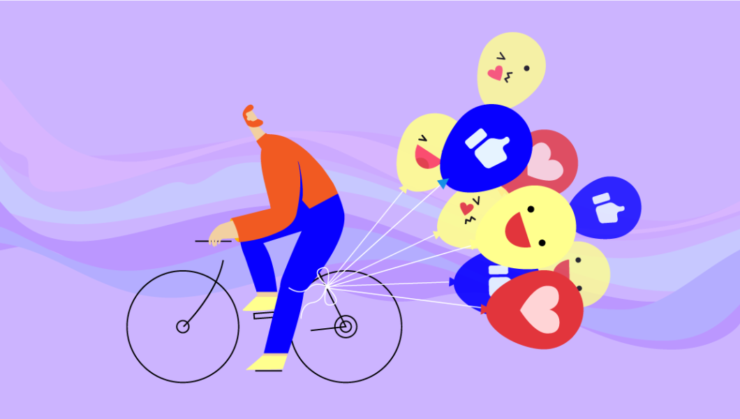 ilustracja, fioletowe tło, rudy mężczyzna w czerwonej koszulce jedzie na rowerze, ciągnie za sobą balony z emoji