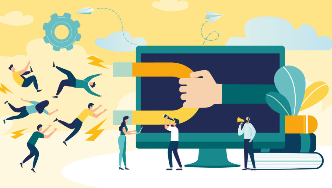 ilustracja, z granatowego ekranu komputera wystaje ręka z magnesem, która przyciąga ludzi